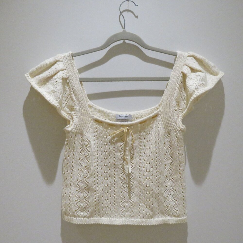 HAUTE HIPPIE Crochet Knit Milkmaid Coquette Ribbon Top Cotton Cottagecore Boho - Picture 2 of 12
